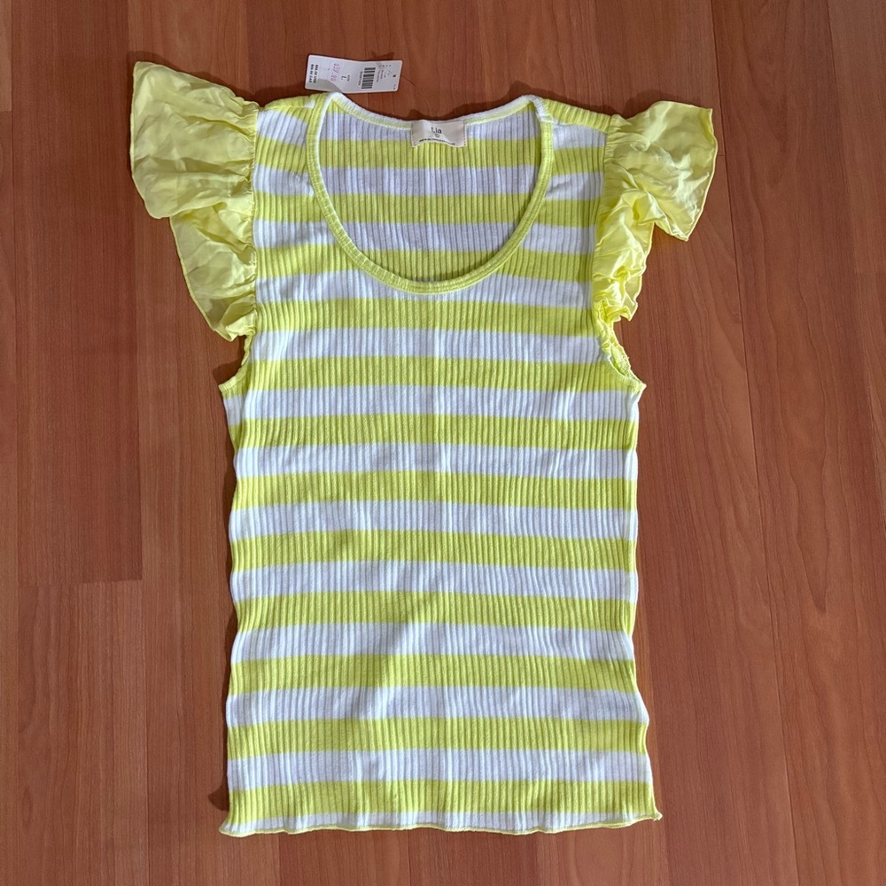 Anthropology Yellow and White Striped Ruffle Sleeve Top
